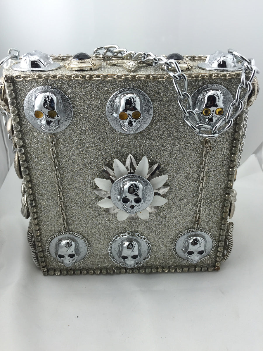Skull and Glitter Cigar Box Wood Bag-New Neu Glamour | Preloved Designer Jewelry, Shoes &amp; Handbags.