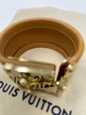 New in Box Louis Vuitton Gold & Silver LV Logo Black Leather Bracelet  (34531)